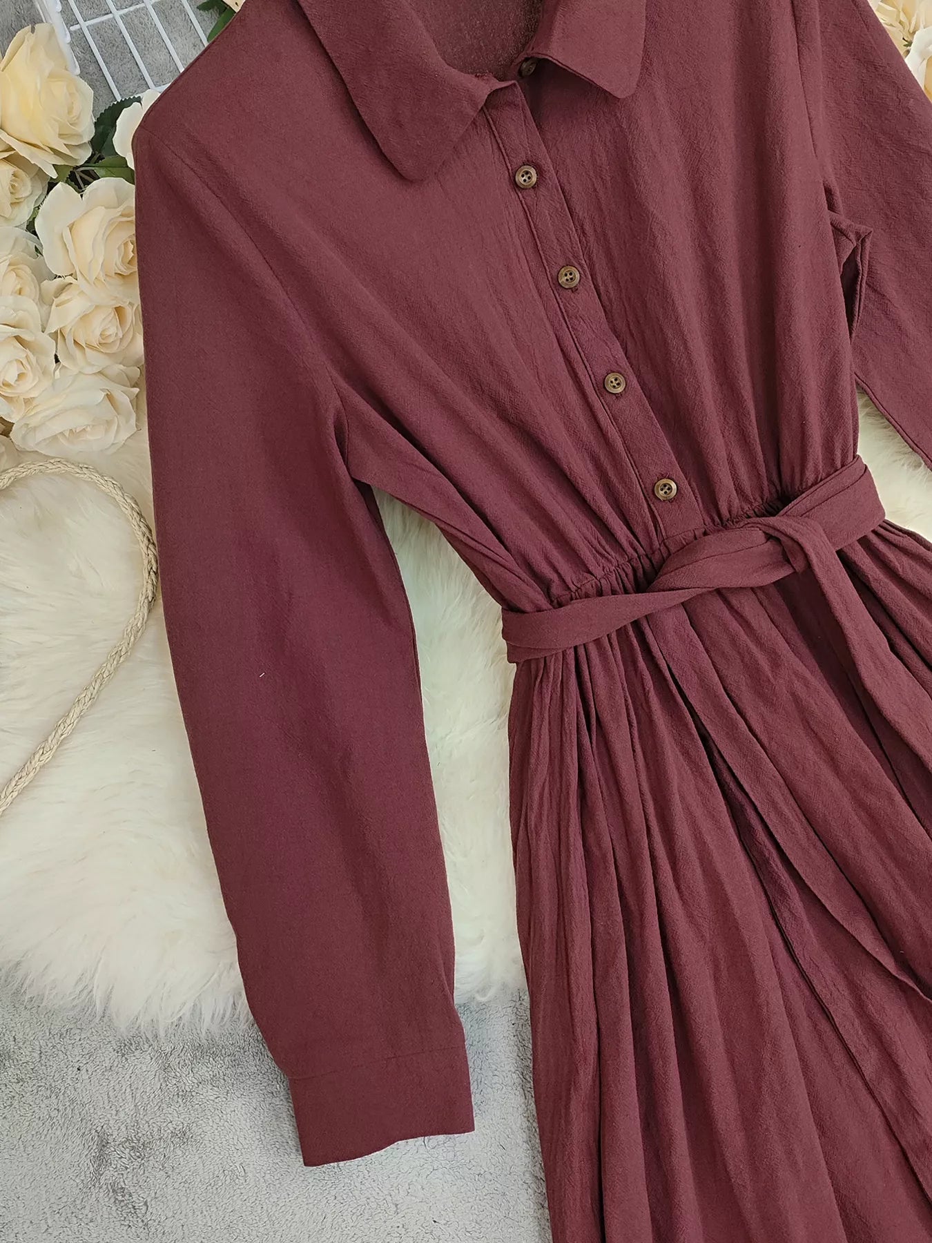 Tie Waist Long Sleeve Ruffled Hem Dress - Flip Flop Dynasty