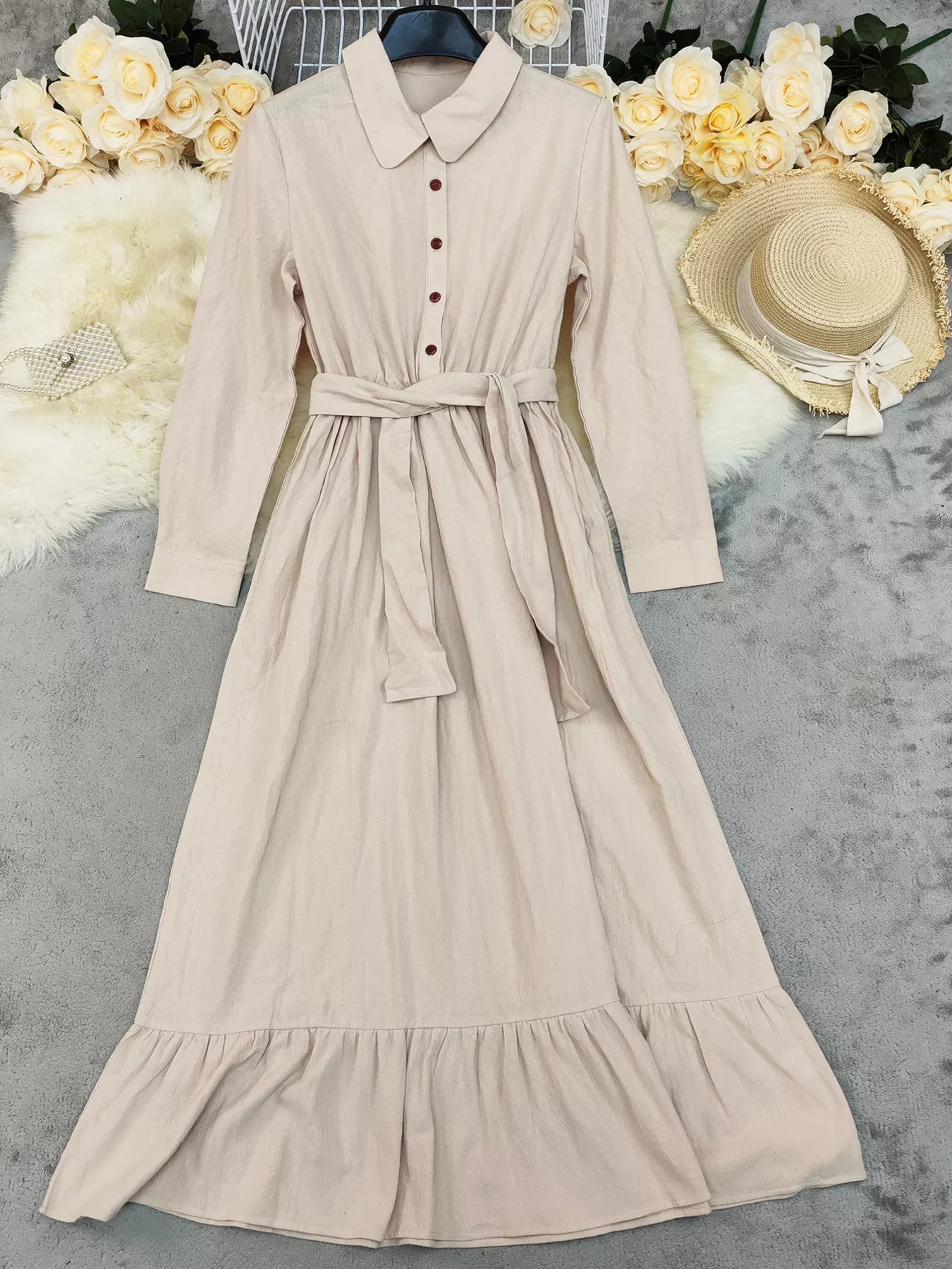 Tie Waist Long Sleeve Ruffled Hem Dress - Flip Flop Dynasty
