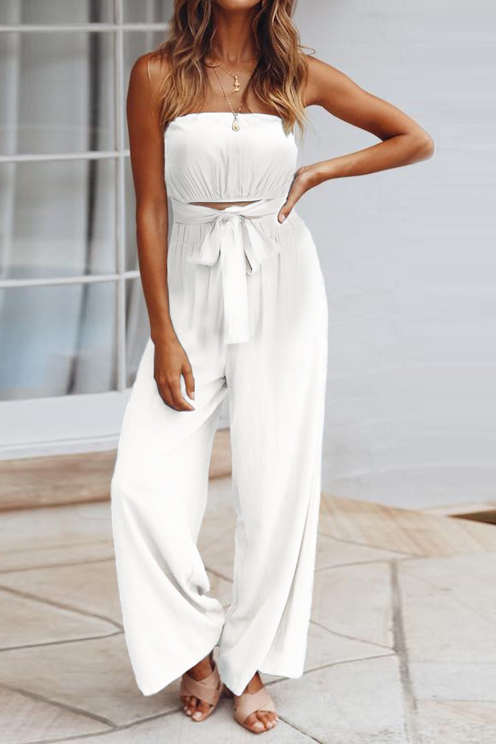 Tied Cutout Tube Wide Leg Jumpsuit - Flip Flop Dynasty