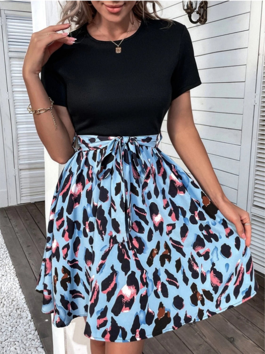 Tied Front Contrast Leopard Short Sleeve Mini Dress - Flip Flop Dynasty