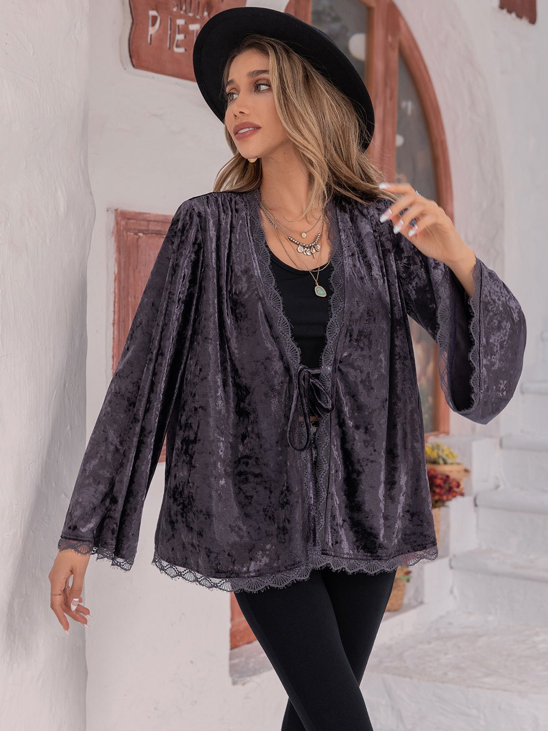 Tied Lace Detail Long Sleeve Cardigan - Flip Flop Dynasty