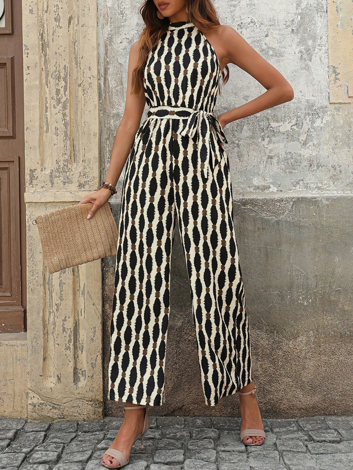 Tied Printed Grecian Neck Jumpsuit - Flip Flop Dynasty