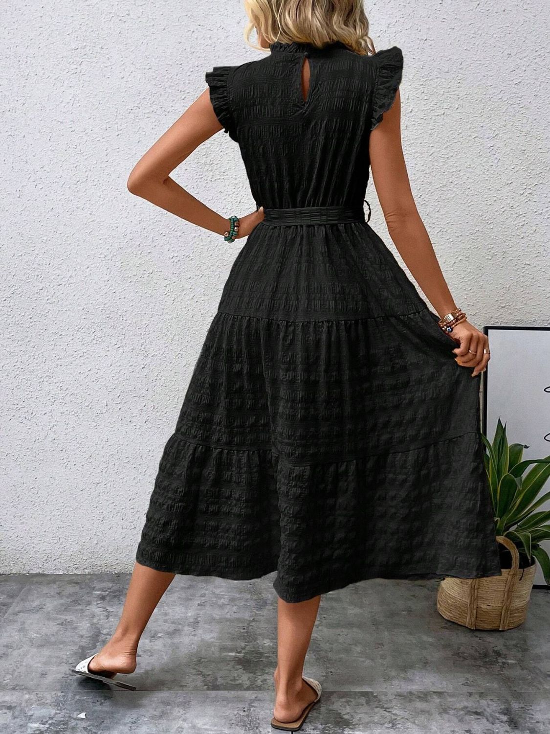 Tied Ruffled Cap Sleeve Midi Dress - Flip Flop Dynasty