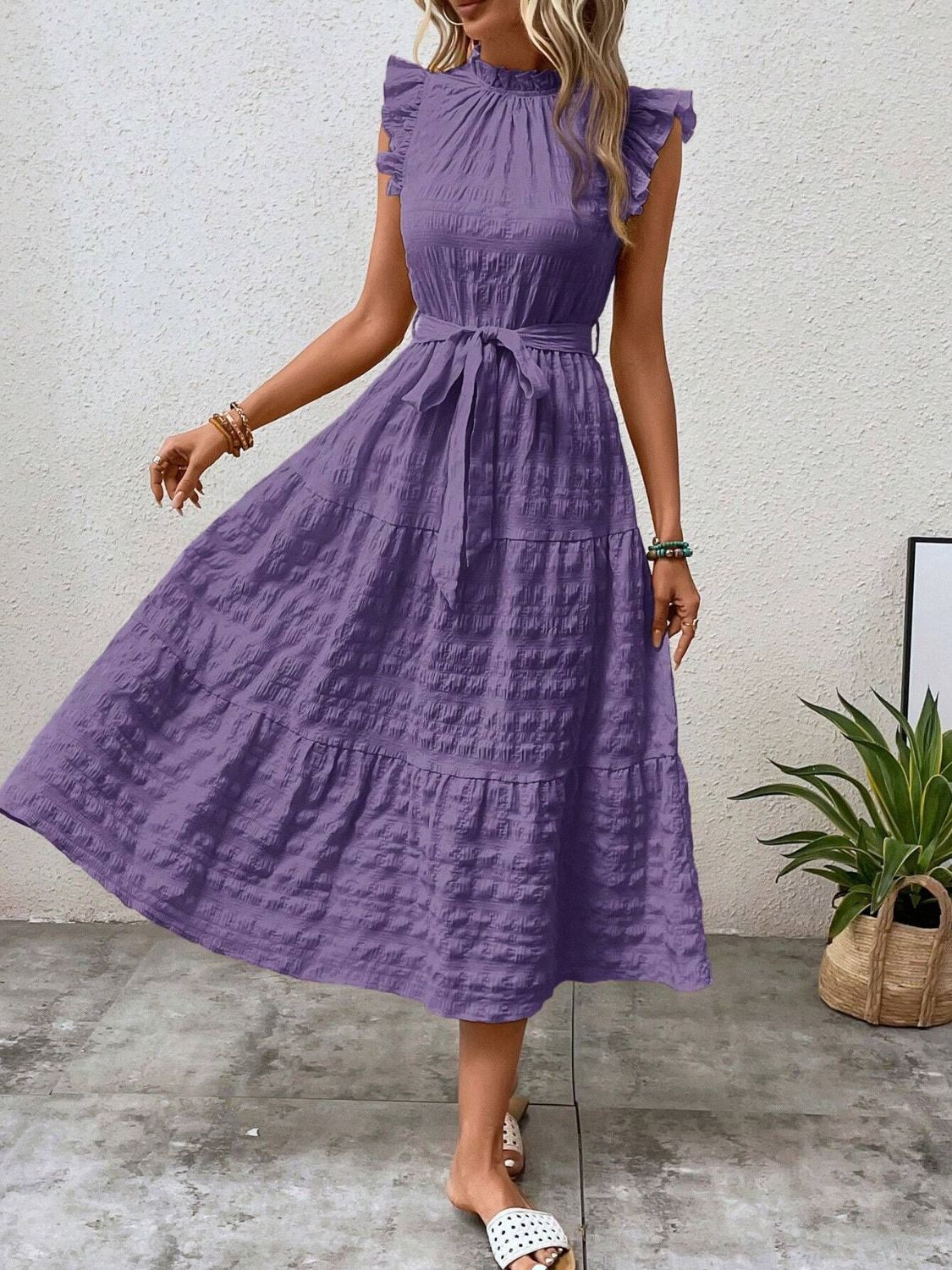 Tied Ruffled Cap Sleeve Midi Dress - Flip Flop Dynasty