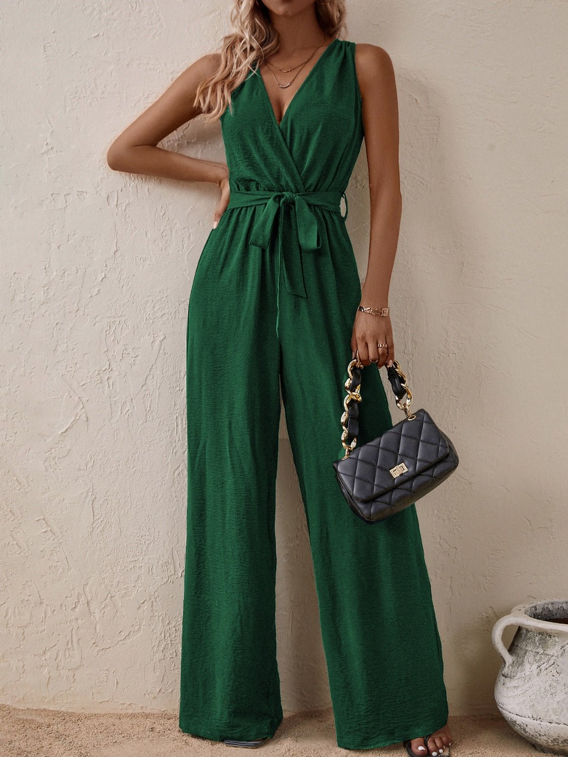 Tied Surplice Sleeveless Wide Leg Jumpsuit - Flip Flop Dynasty