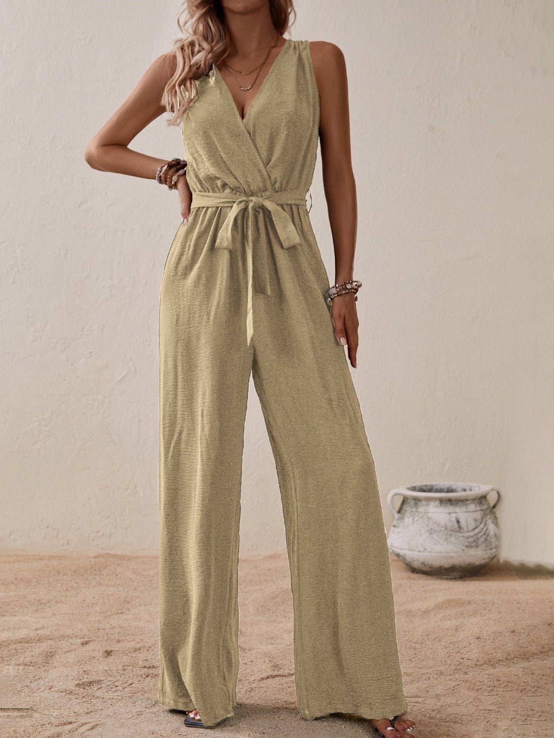 Tied Surplice Sleeveless Wide Leg Jumpsuit - Flip Flop Dynasty