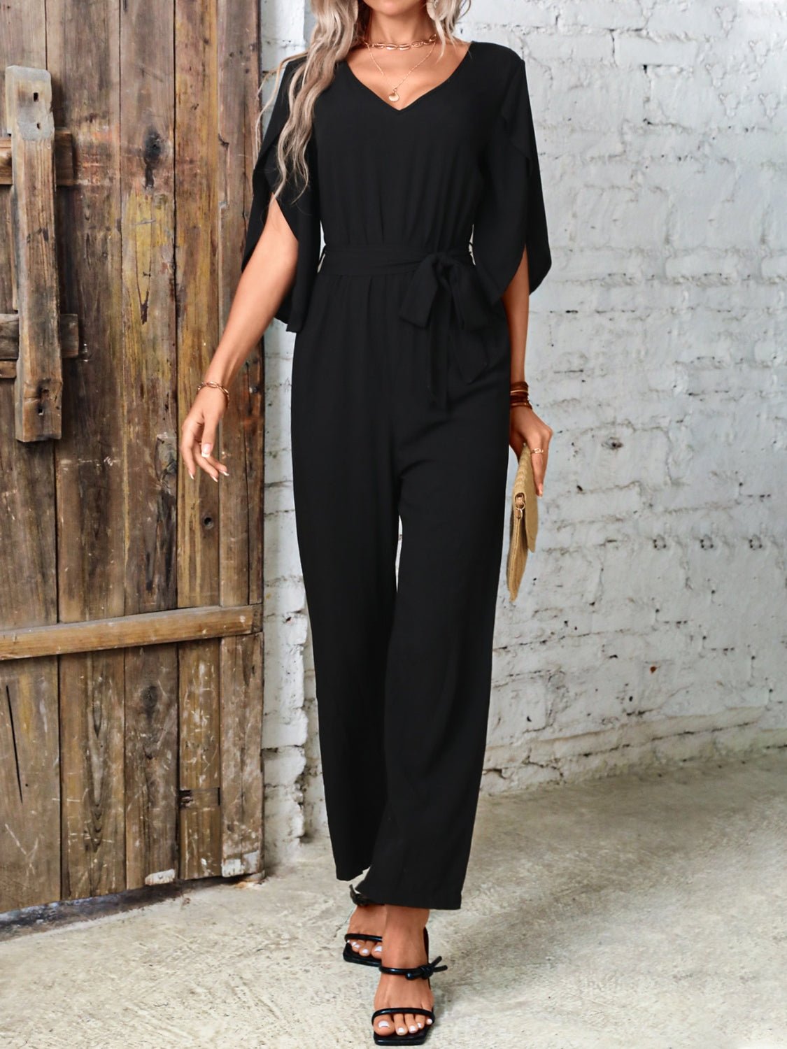 Tied V - Neck Half Sleeve Wide Leg Jumpsuit - Flip Flop Dynasty