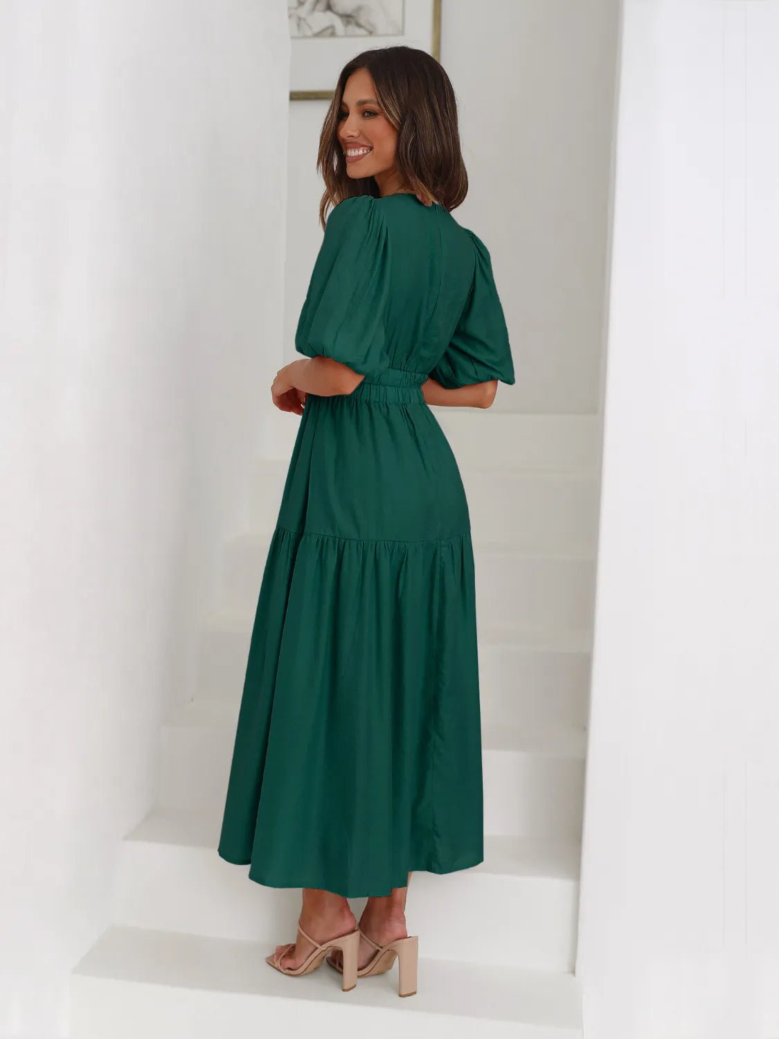 Tiered Surplice Half Sleeve Midi Dress - Flip Flop Dynasty