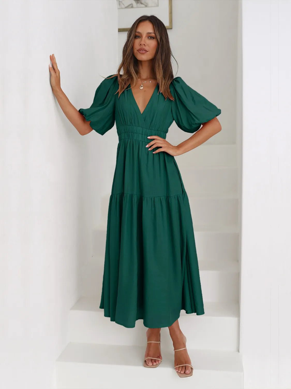 Tiered Surplice Half Sleeve Midi Dress - Flip Flop Dynasty