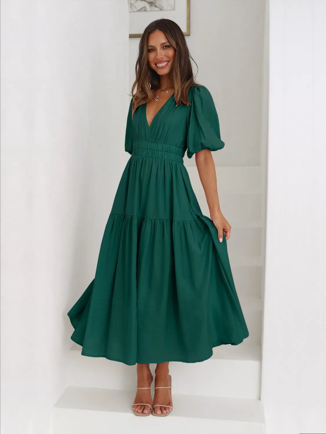 Tiered Surplice Half Sleeve Midi Dress - Flip Flop Dynasty