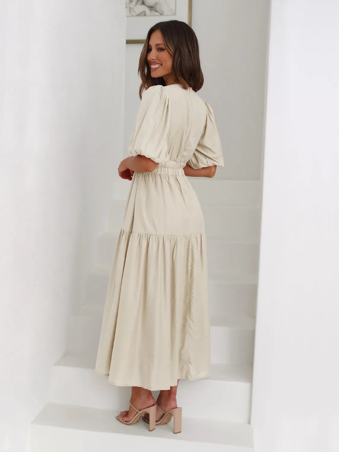 Tiered Surplice Half Sleeve Midi Dress - Flip Flop Dynasty