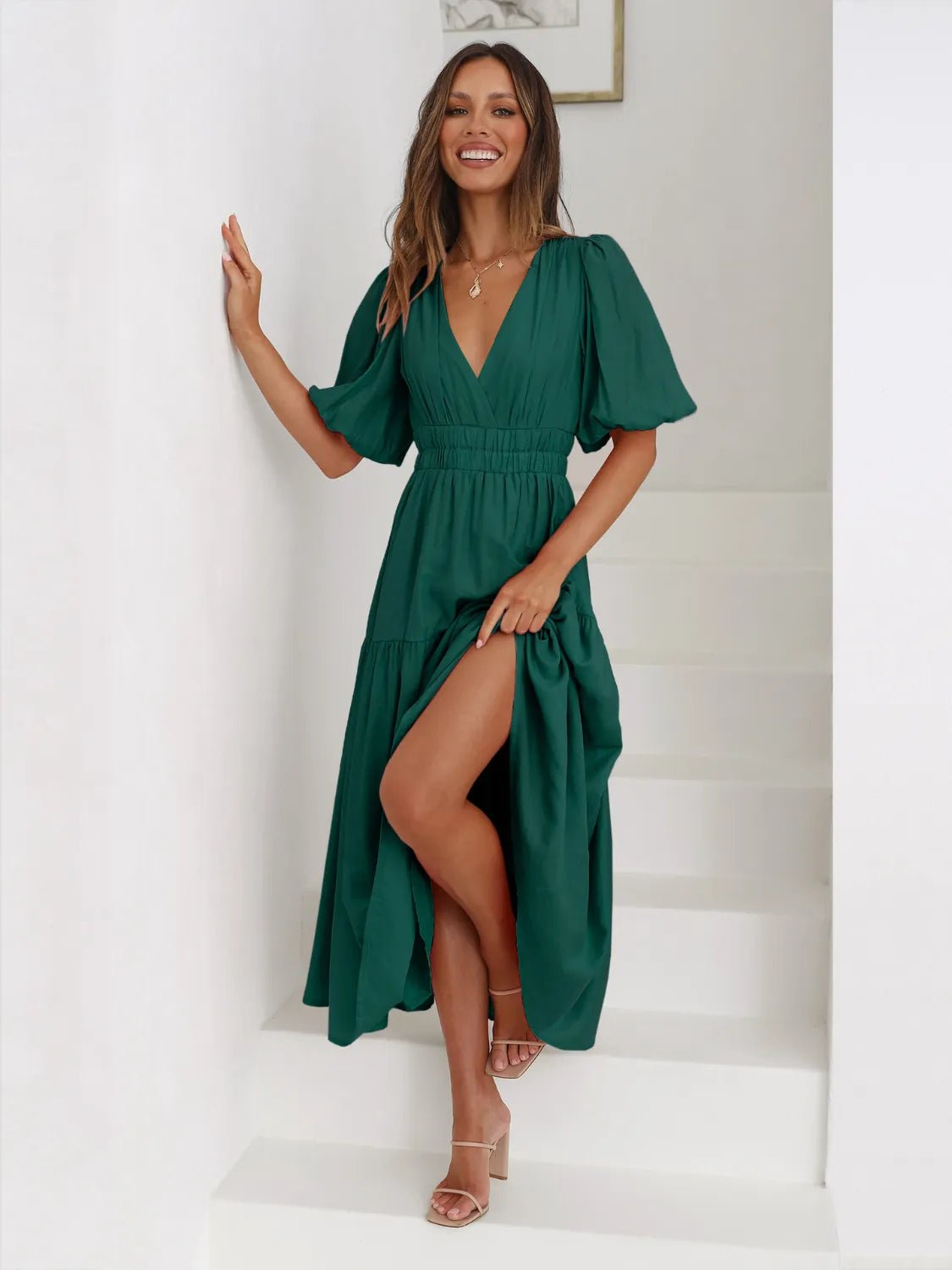 Tiered Surplice Half Sleeve Midi Dress - Flip Flop Dynasty