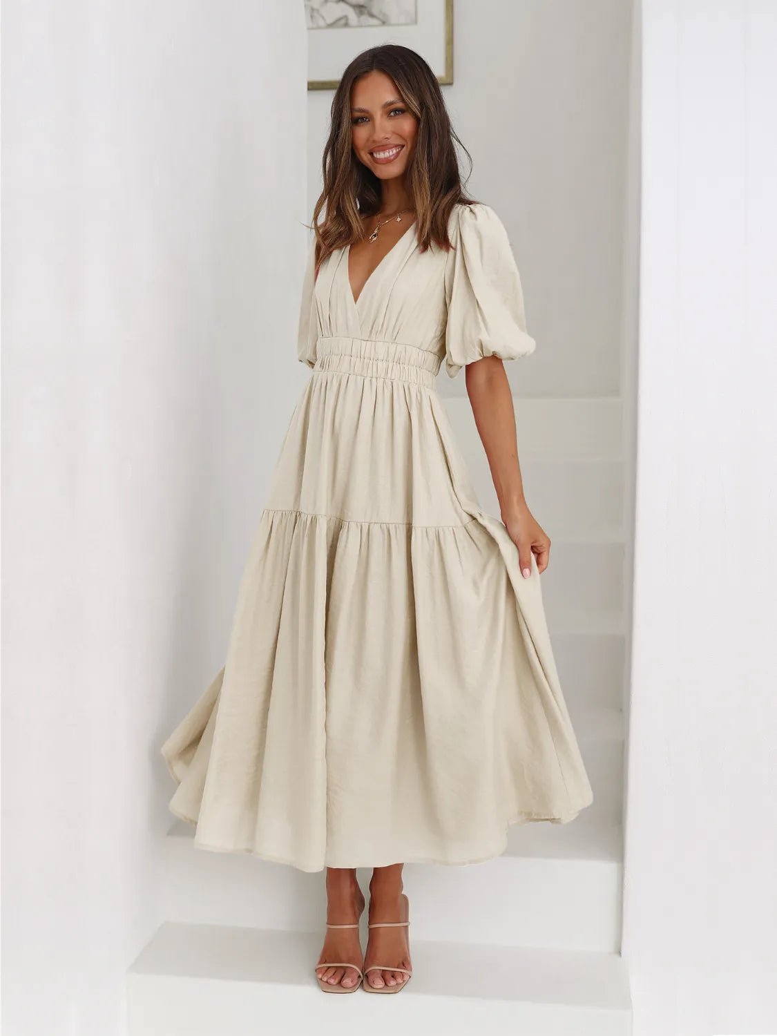 Tiered Surplice Half Sleeve Midi Dress - Flip Flop Dynasty