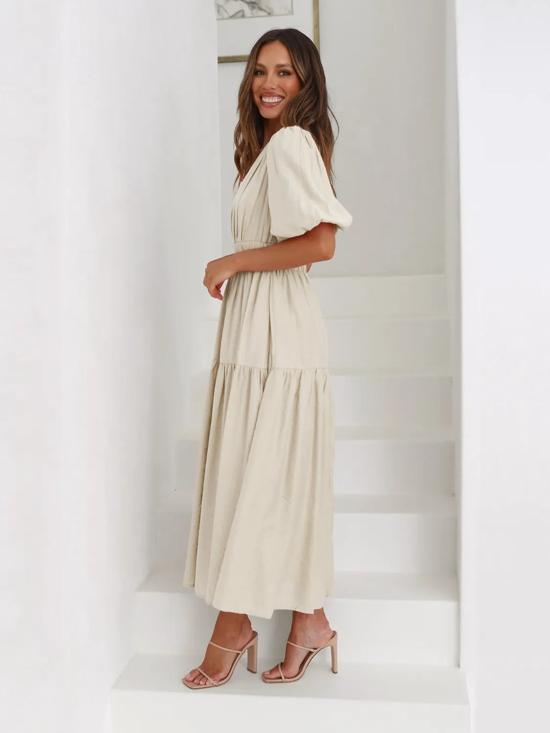 Tiered Surplice Half Sleeve Midi Dress - Flip Flop Dynasty