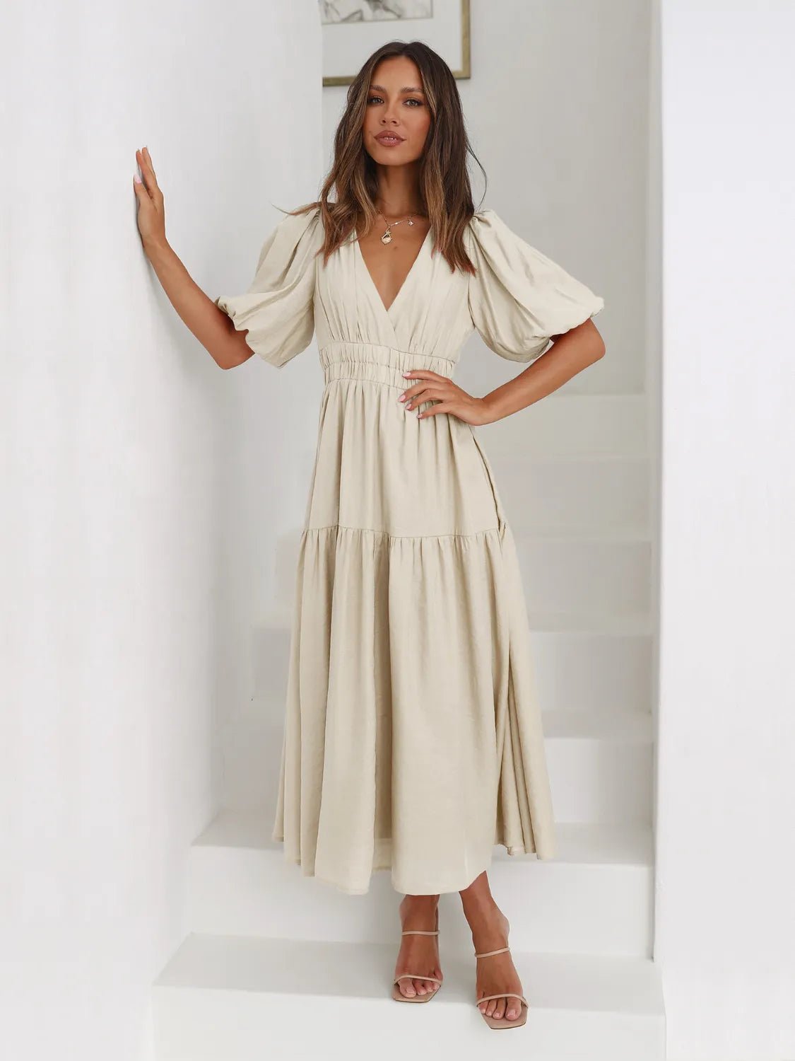 Tiered Surplice Half Sleeve Midi Dress - Flip Flop Dynasty