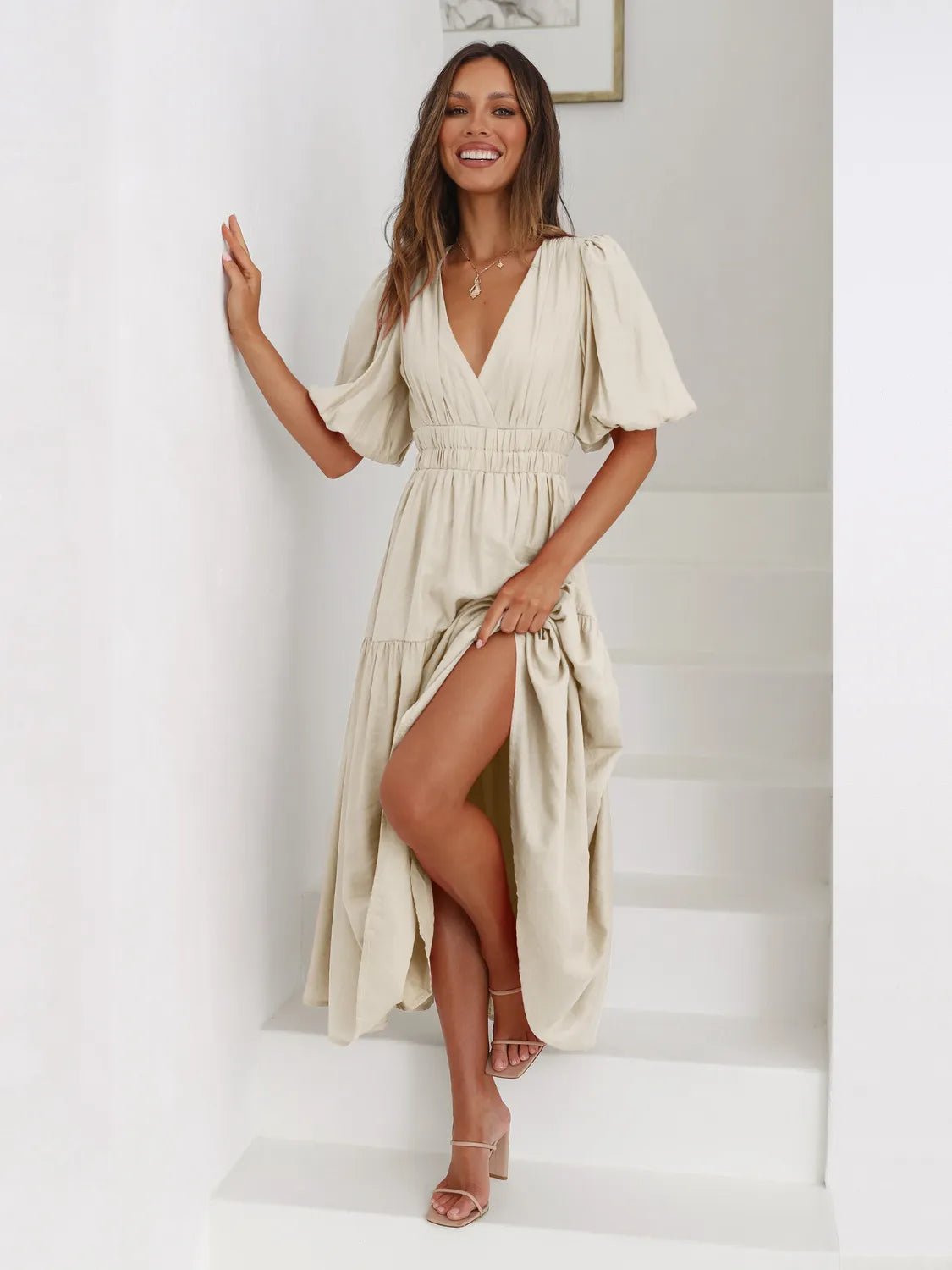 Tiered Surplice Half Sleeve Midi Dress - Flip Flop Dynasty
