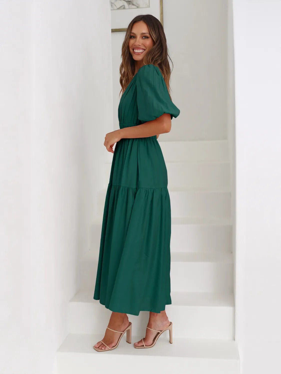 Tiered Surplice Half Sleeve Midi Dress - Flip Flop Dynasty