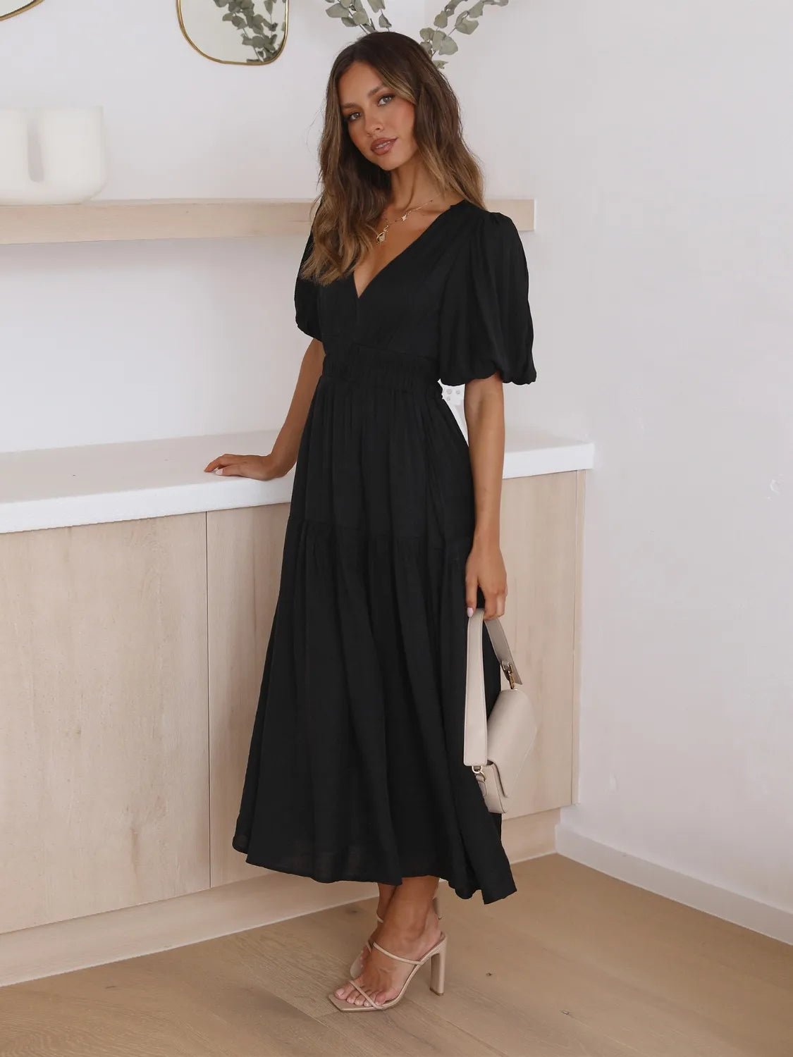 Tiered Surplice Half Sleeve Midi Dress - Flip Flop Dynasty