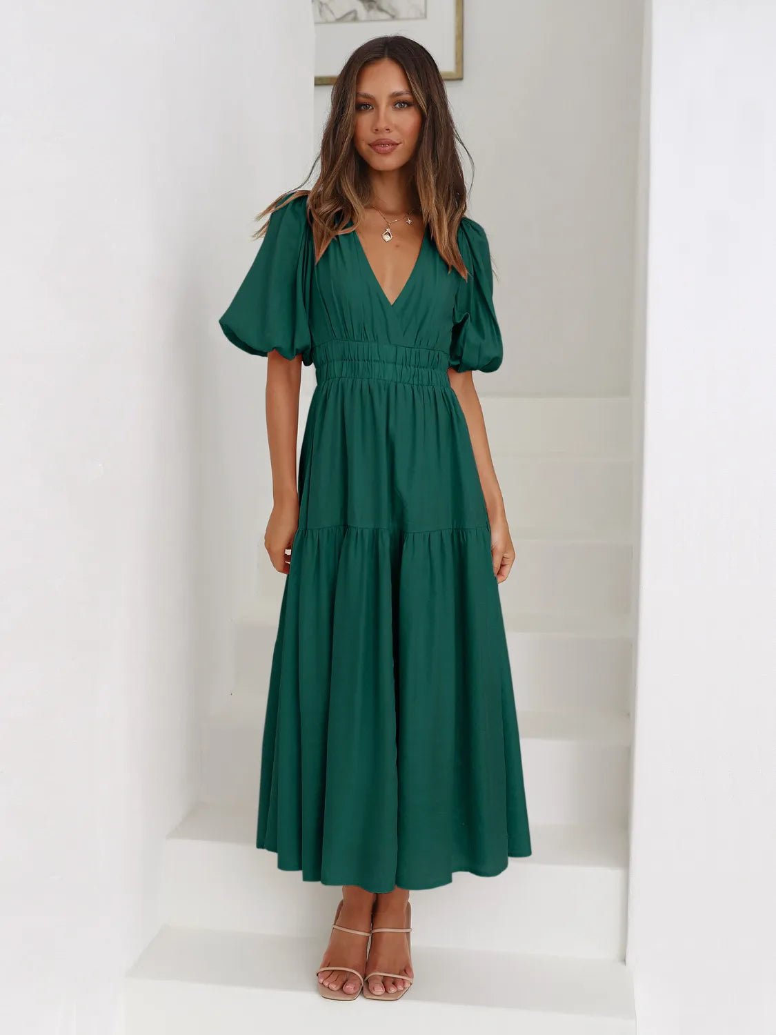 Tiered Surplice Half Sleeve Midi Dress - Flip Flop Dynasty