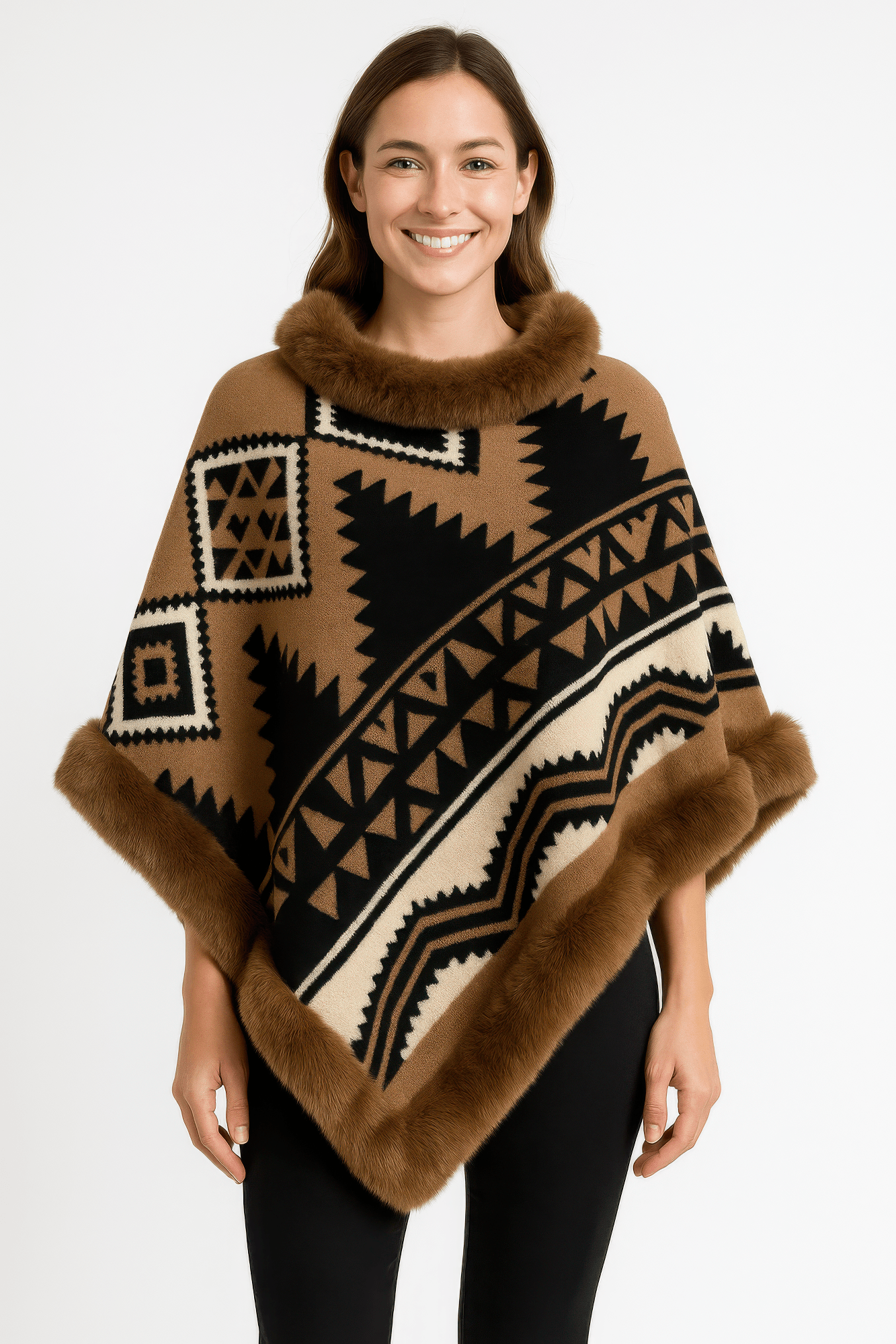 Tribal Luxe Faux Fur Trim Poncho - Flip Flop Dynasty