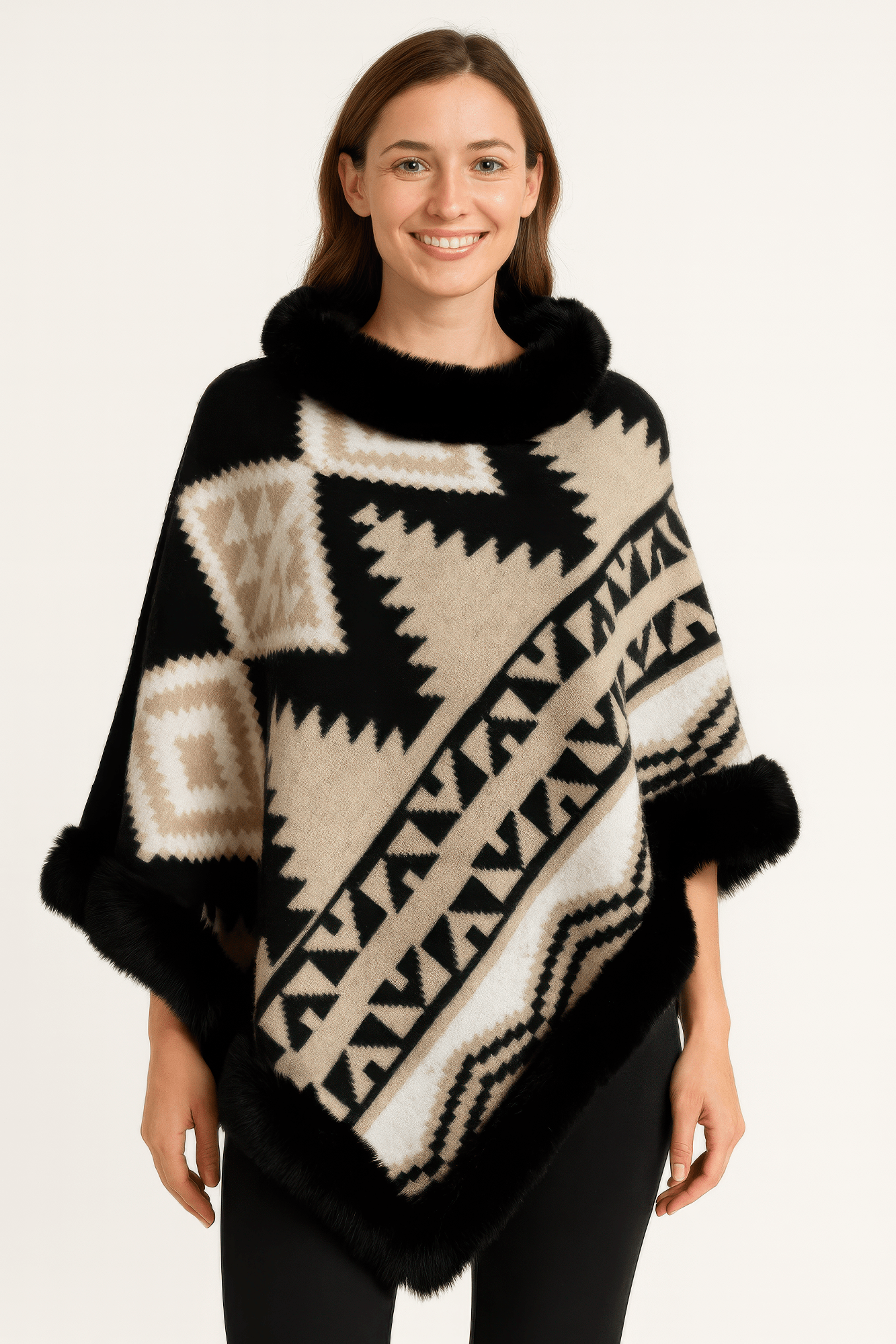 Tribal Luxe Faux Fur Trim Poncho - Flip Flop Dynasty