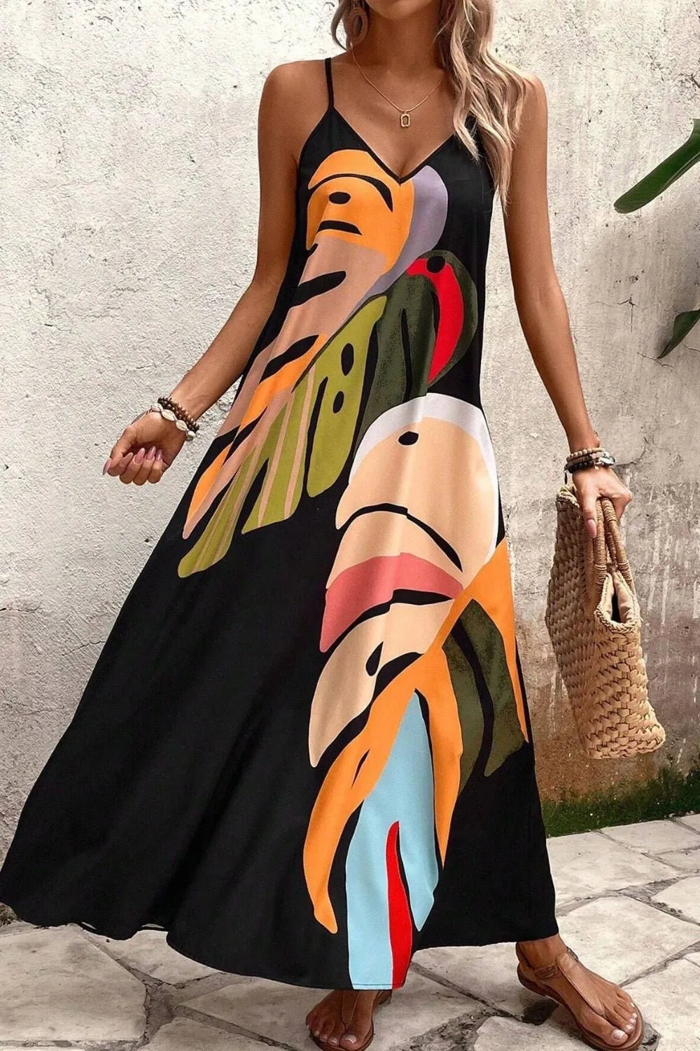 Tropical Leaf Print V - Neck Maxi Cami Dress - Flip Flop Dynasty