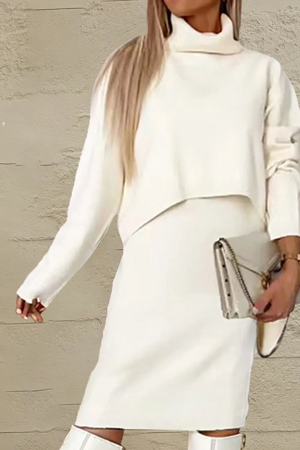 Turtleneck Dropped Shoulder Sweater and Dress Sweater Set - Flip Flop Dynasty