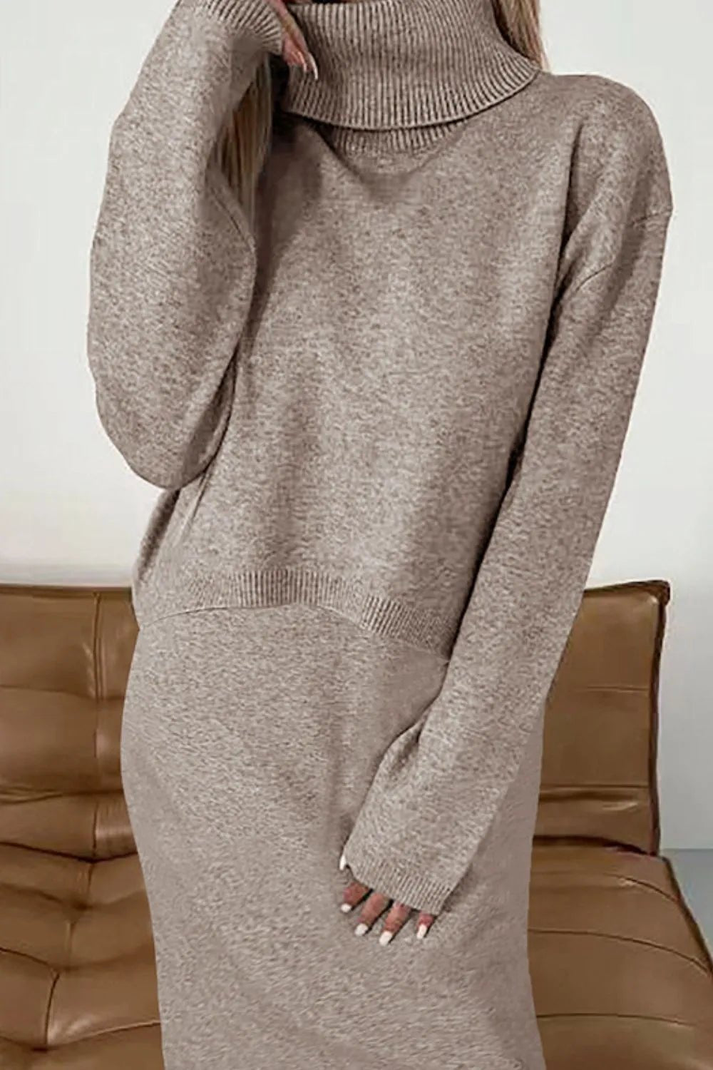 Turtleneck Dropped Shoulder Sweater and Dress Sweater Set - Flip Flop Dynasty