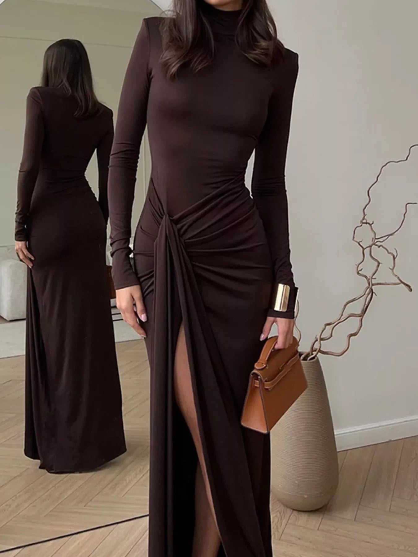 Turtleneck Long Sleeve Slit Maxi Dress - Flip Flop Dynasty