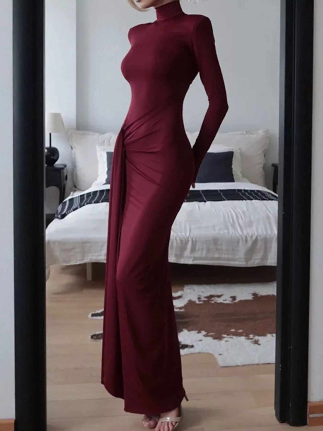 Turtleneck Long Sleeve Slit Maxi Dress - Flip Flop Dynasty