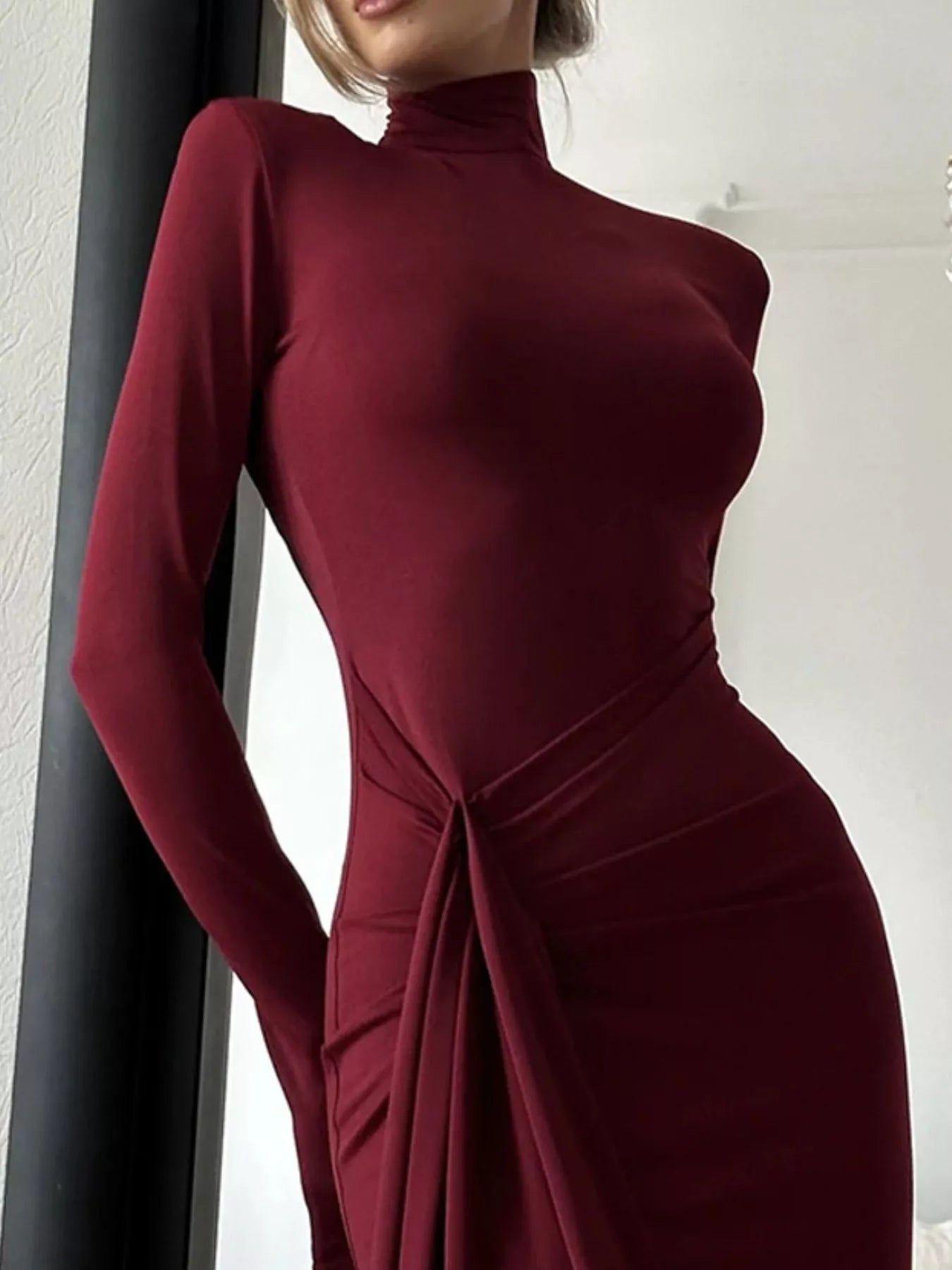 Turtleneck Long Sleeve Slit Maxi Dress - Flip Flop Dynasty
