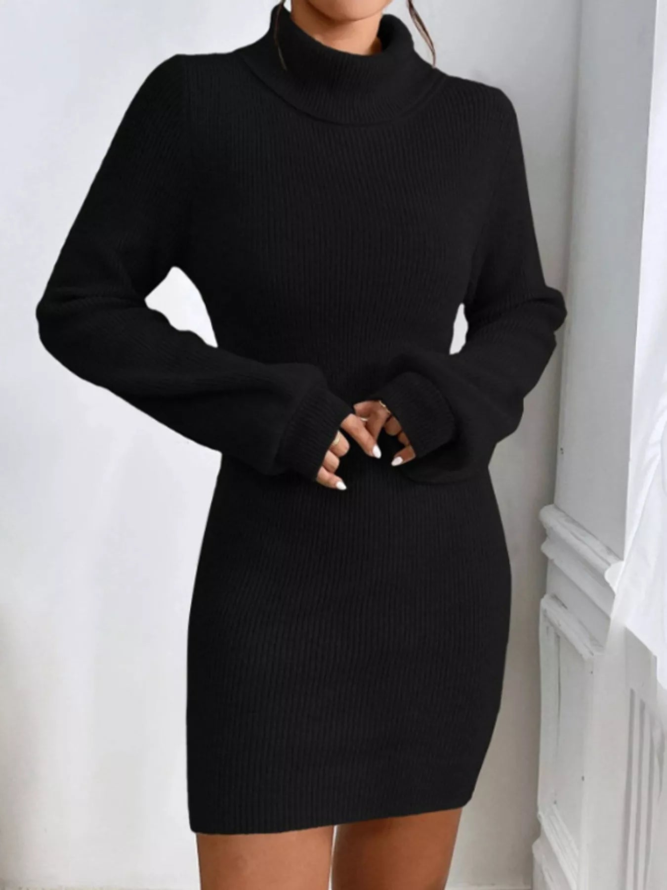Turtleneck Ribbed Knit Sweater Dress - Flip Flop Dynasty