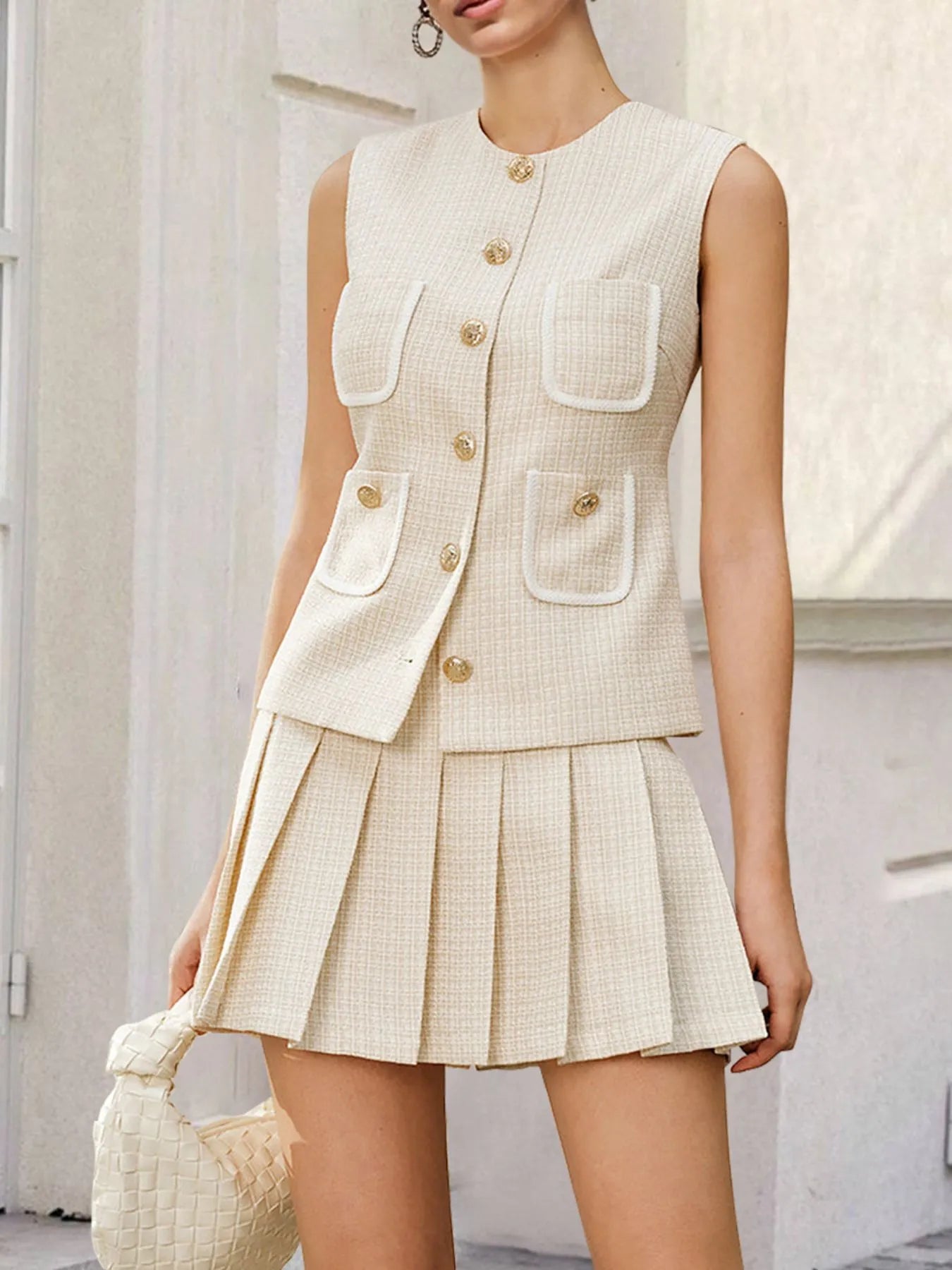 Tweed Button - Front Vest and Pleated Skirt Set - Flip Flop Dynasty
