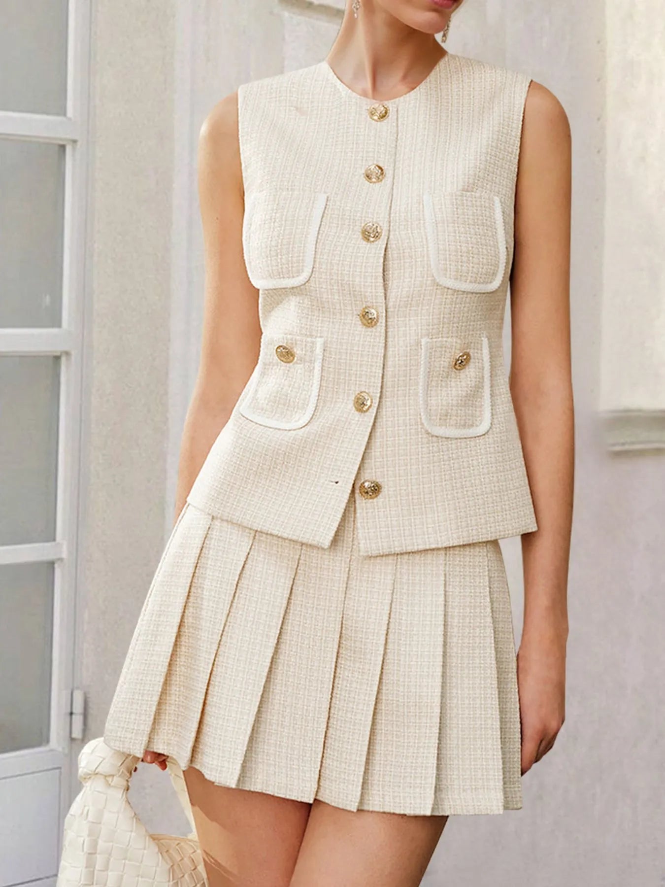 Tweed Button - Front Vest and Pleated Skirt Set - Flip Flop Dynasty