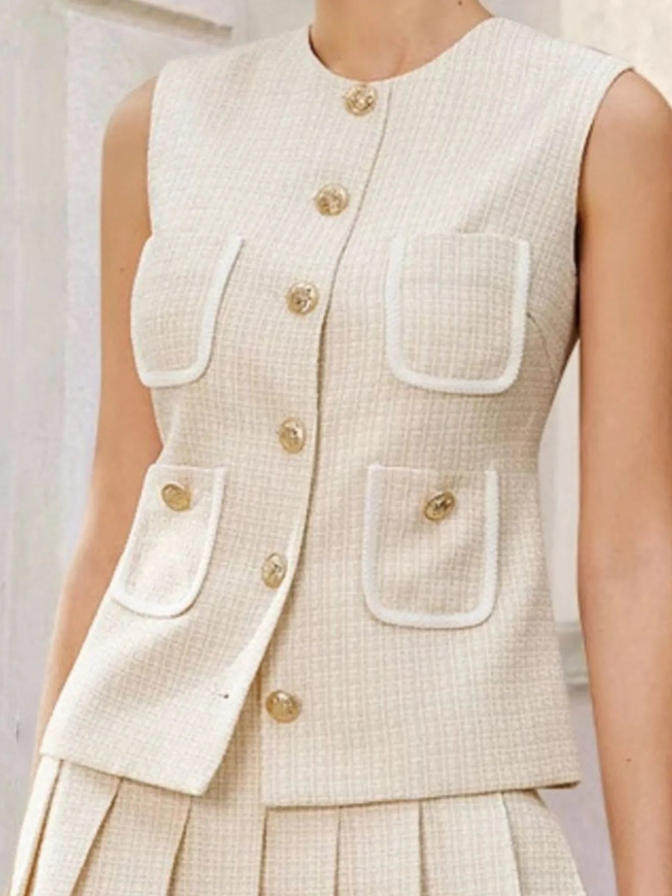 Tweed Button - Front Vest and Pleated Skirt Set - Flip Flop Dynasty