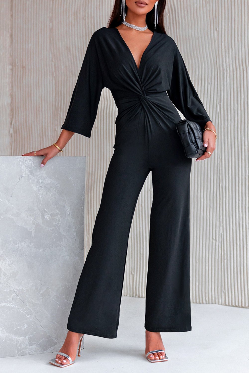 Twisted Plunge Three - Quarter Sleeve Jumpsuit - Flip Flop Dynasty