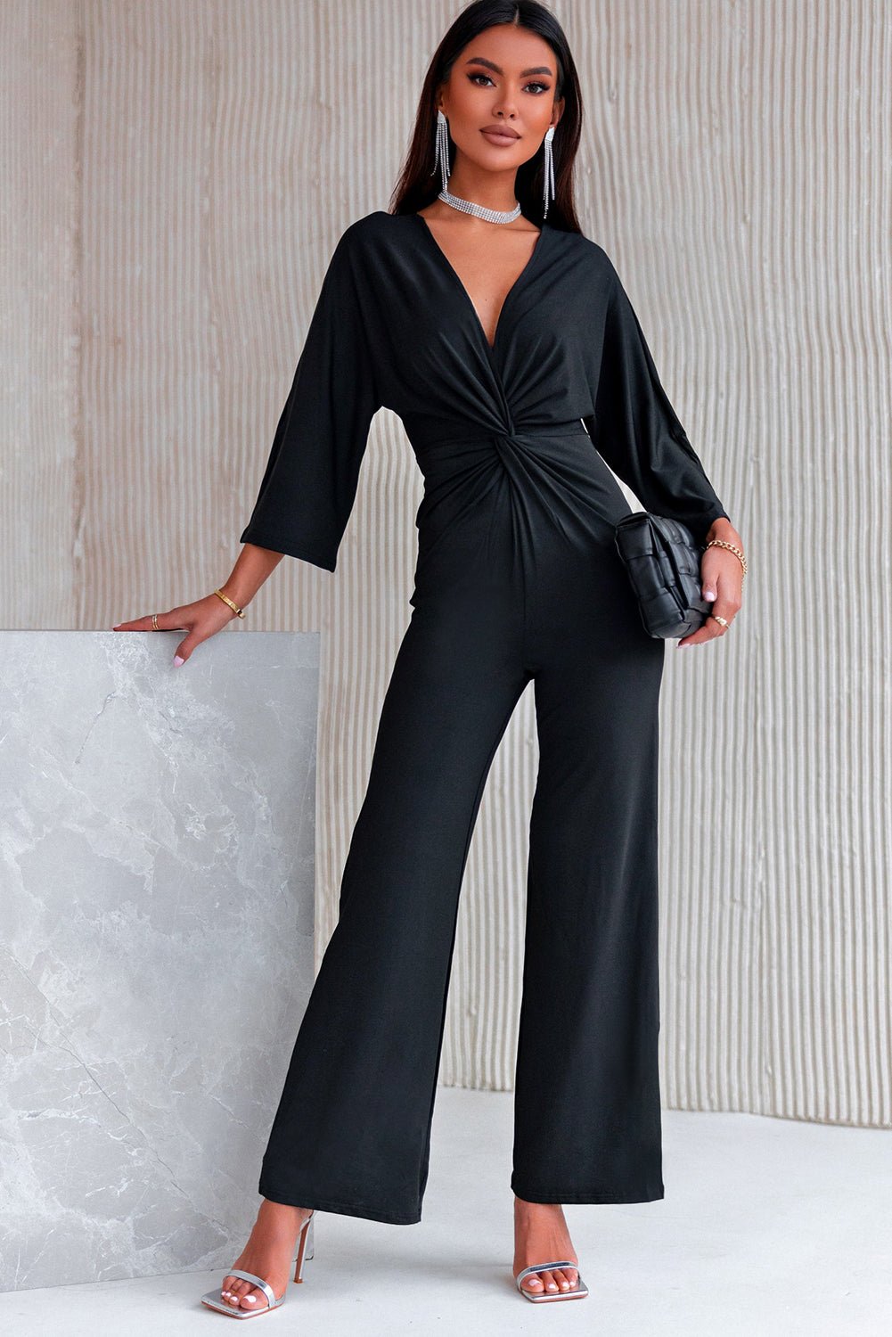 Twisted Plunge Three - Quarter Sleeve Jumpsuit - Flip Flop Dynasty