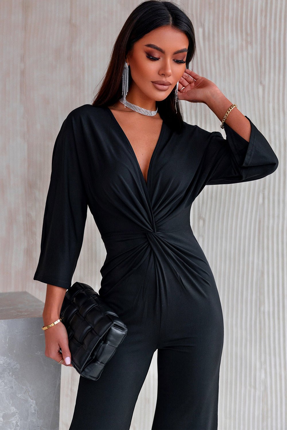 Twisted Plunge Three - Quarter Sleeve Jumpsuit - Flip Flop Dynasty