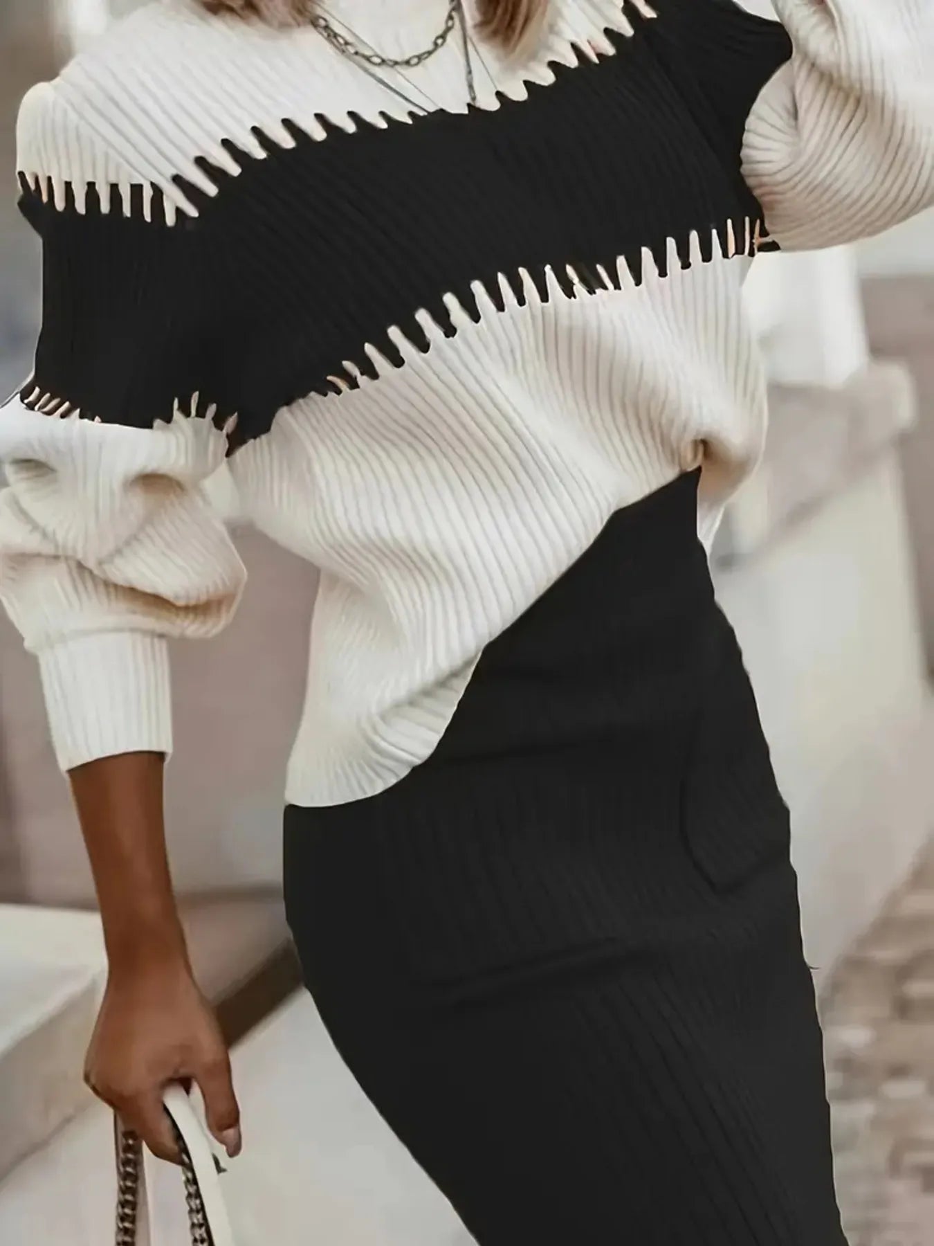 Two - Tone Ribbed Knit Top and Skirt Sweater Set - Flip Flop Dynasty