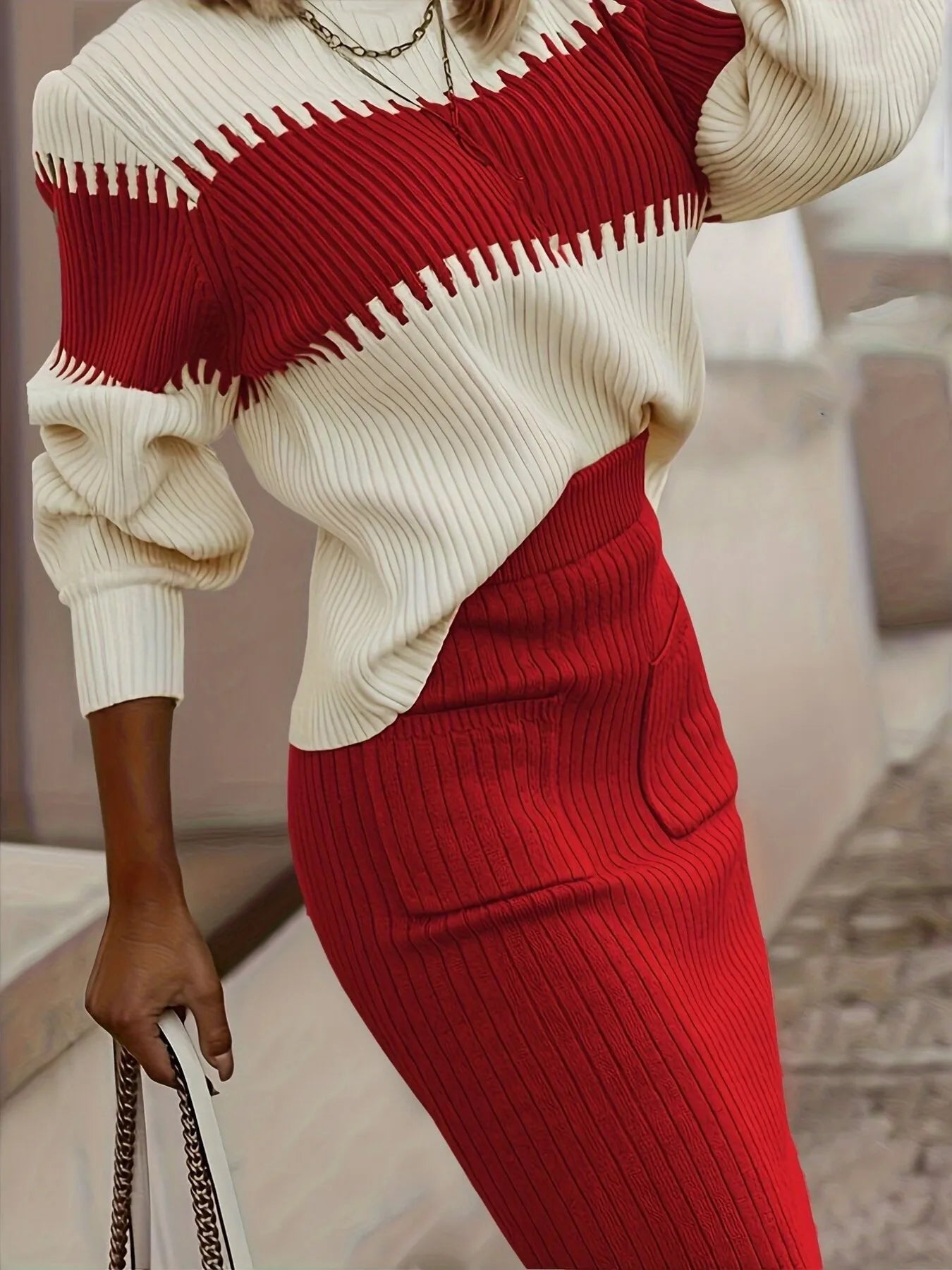 Two - Tone Ribbed Knit Top and Skirt Sweater Set - Flip Flop Dynasty