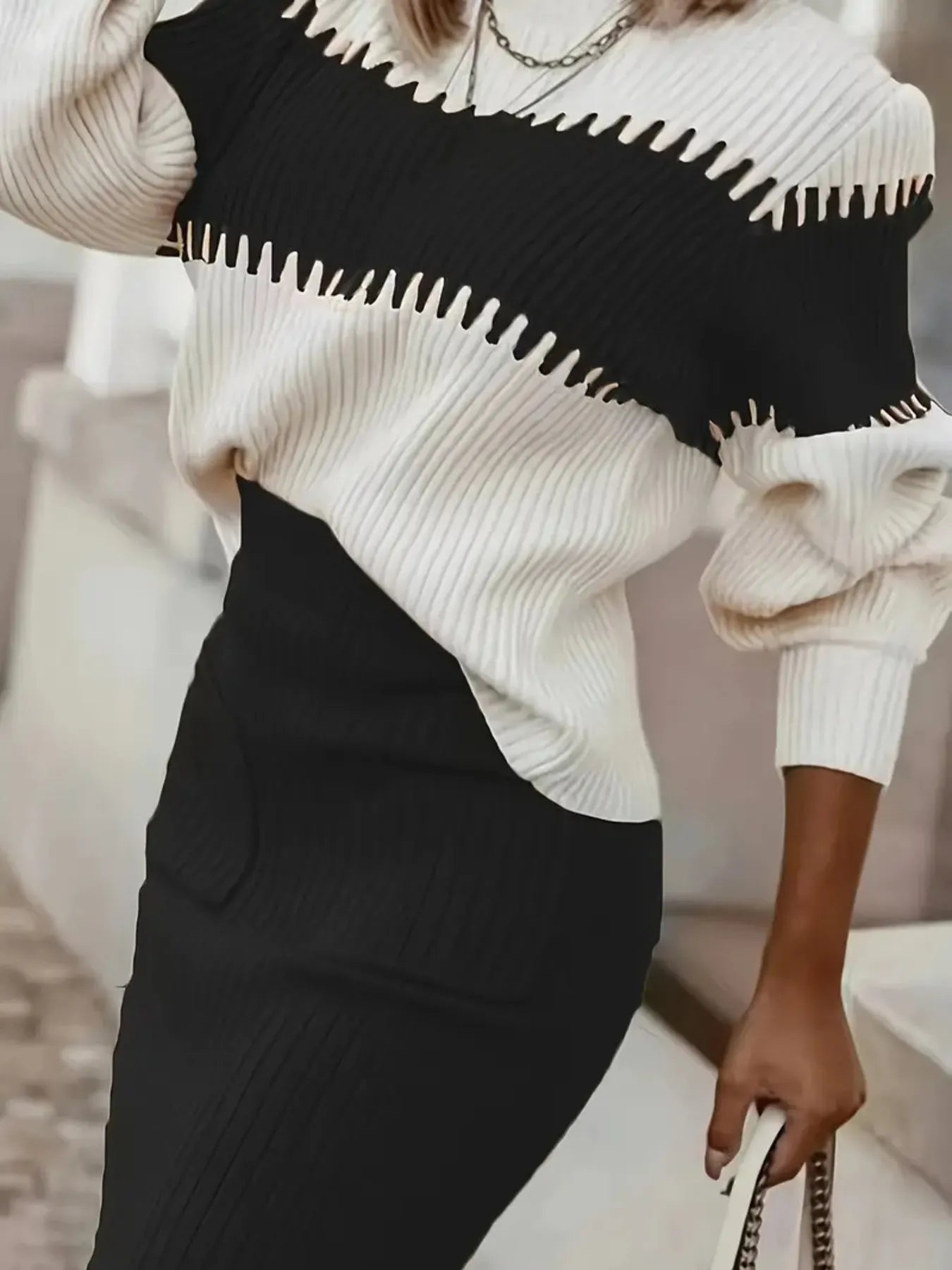 Two - Tone Ribbed Knit Top and Skirt Sweater Set - Flip Flop Dynasty