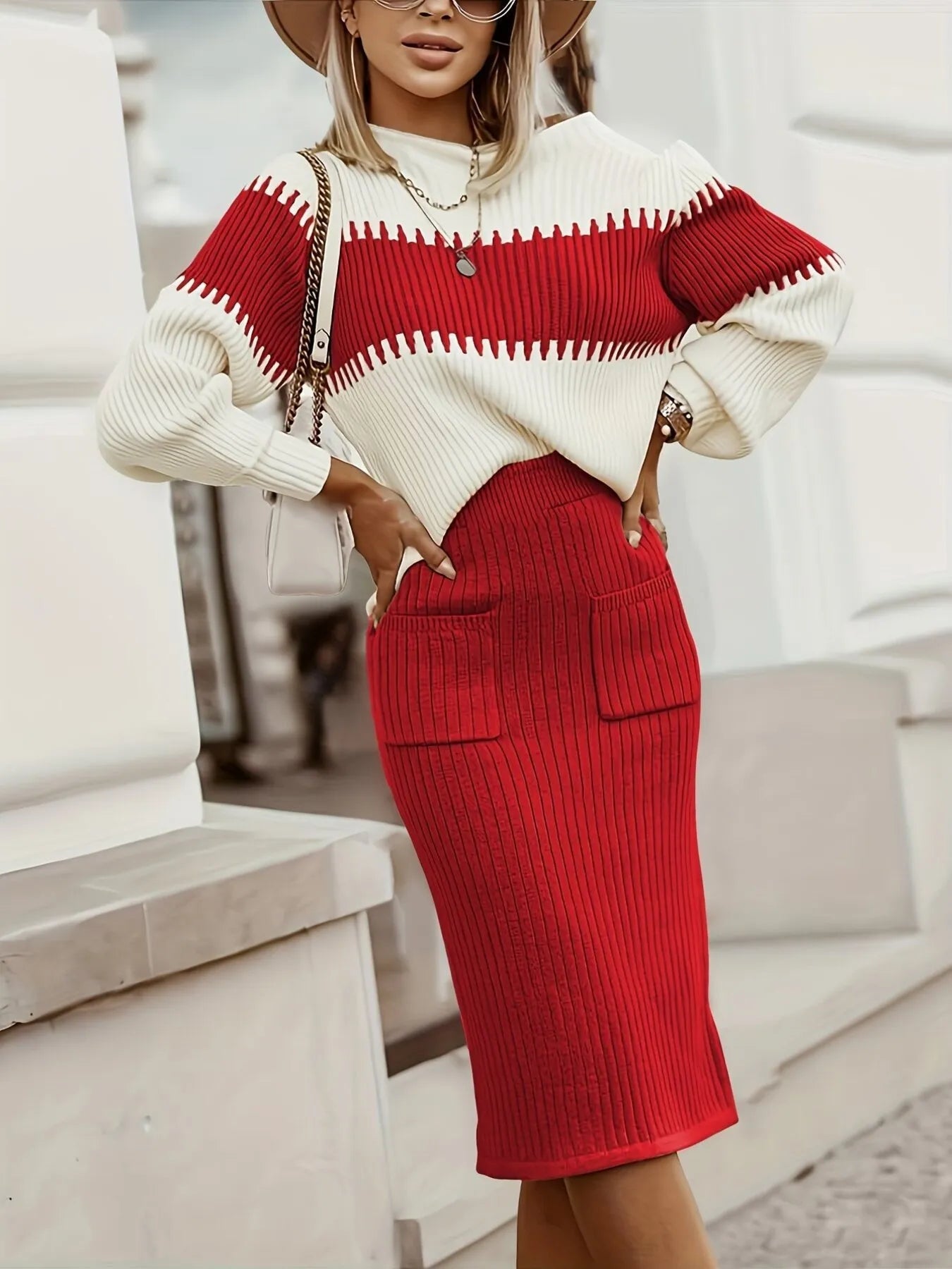 Two - Tone Ribbed Knit Top and Skirt Sweater Set - Flip Flop Dynasty