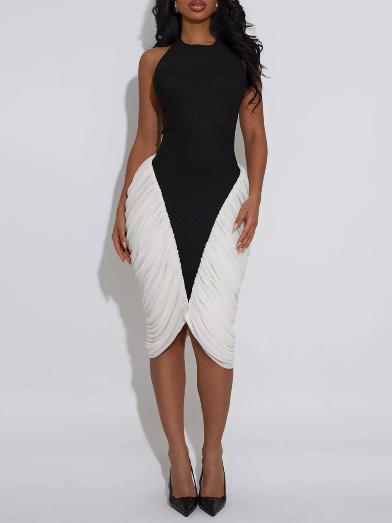 Two-Tone Sleeveless Ruched Midi Dress - Flip Flop Dynasty