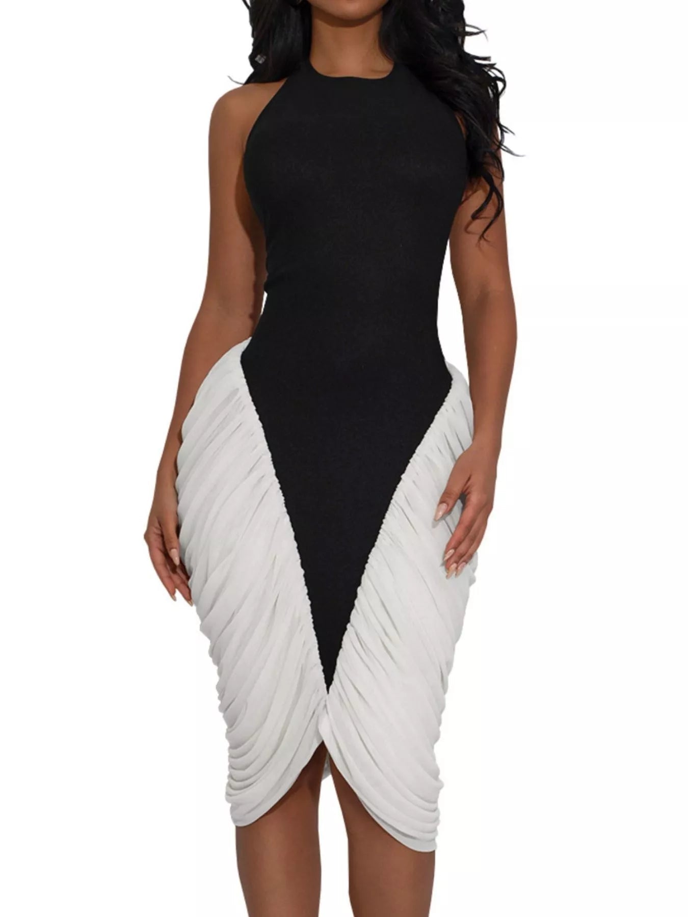 Two-Tone Sleeveless Ruched Midi Dress - Flip Flop Dynasty