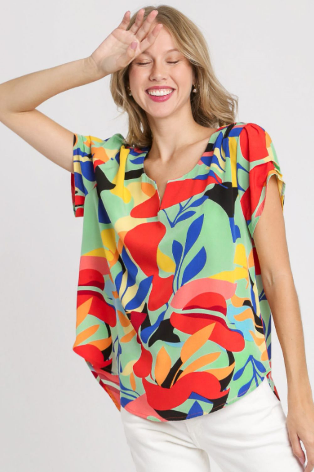 Umgee Full Size Short Sleeved Abstract Print Top Plus Size - Flip Flop Dynasty