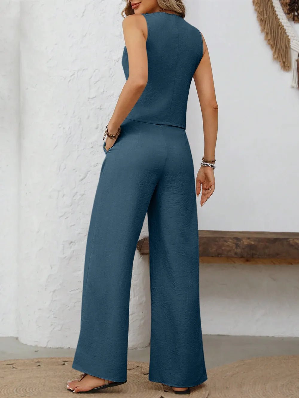 V - Neck Button Down Vest and Wide Leg Pants Set - Flip Flop Dynasty
