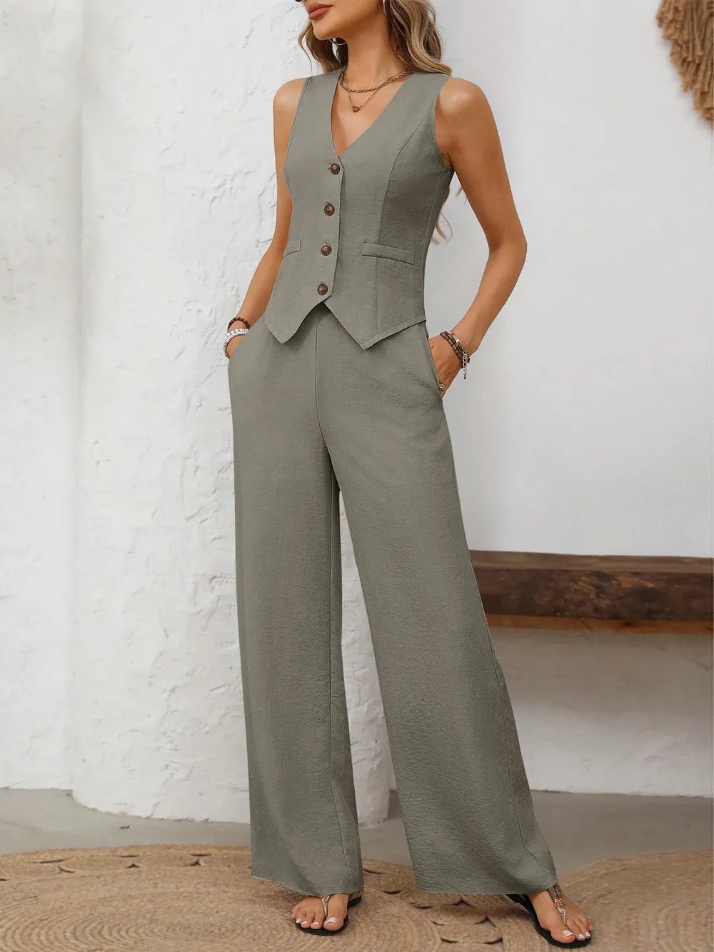 V - Neck Button Down Vest and Wide Leg Pants Set - Flip Flop Dynasty