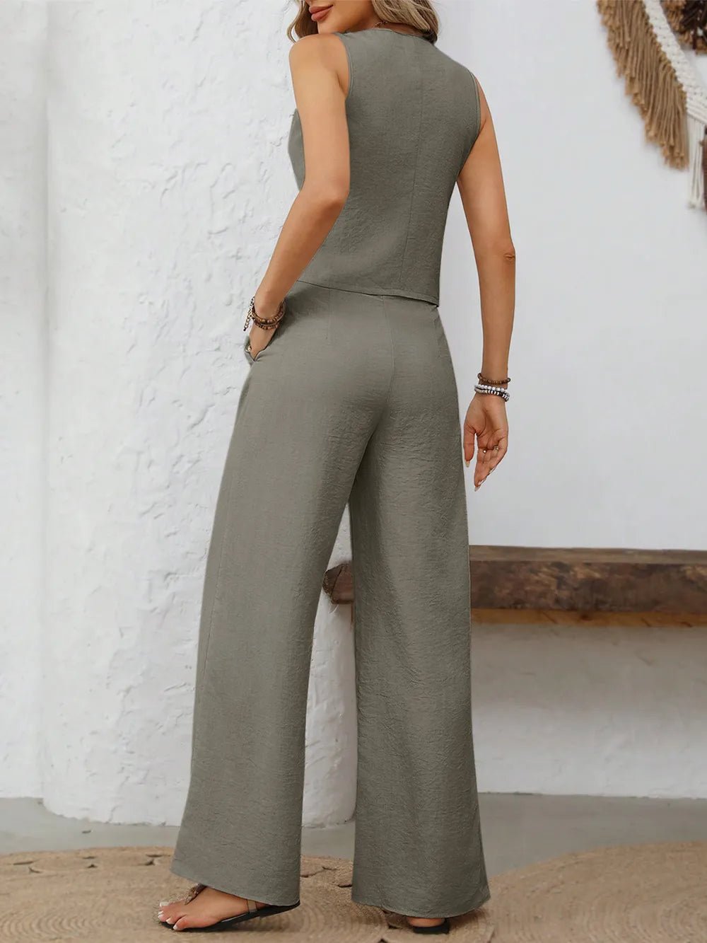 V - Neck Button Down Vest and Wide Leg Pants Set - Flip Flop Dynasty