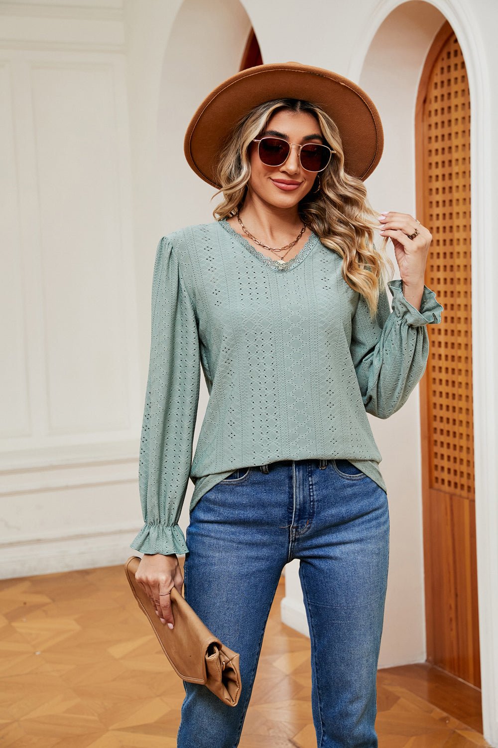 V-Neck Flounce Sleeve Blouse - Flip Flop Dynasty