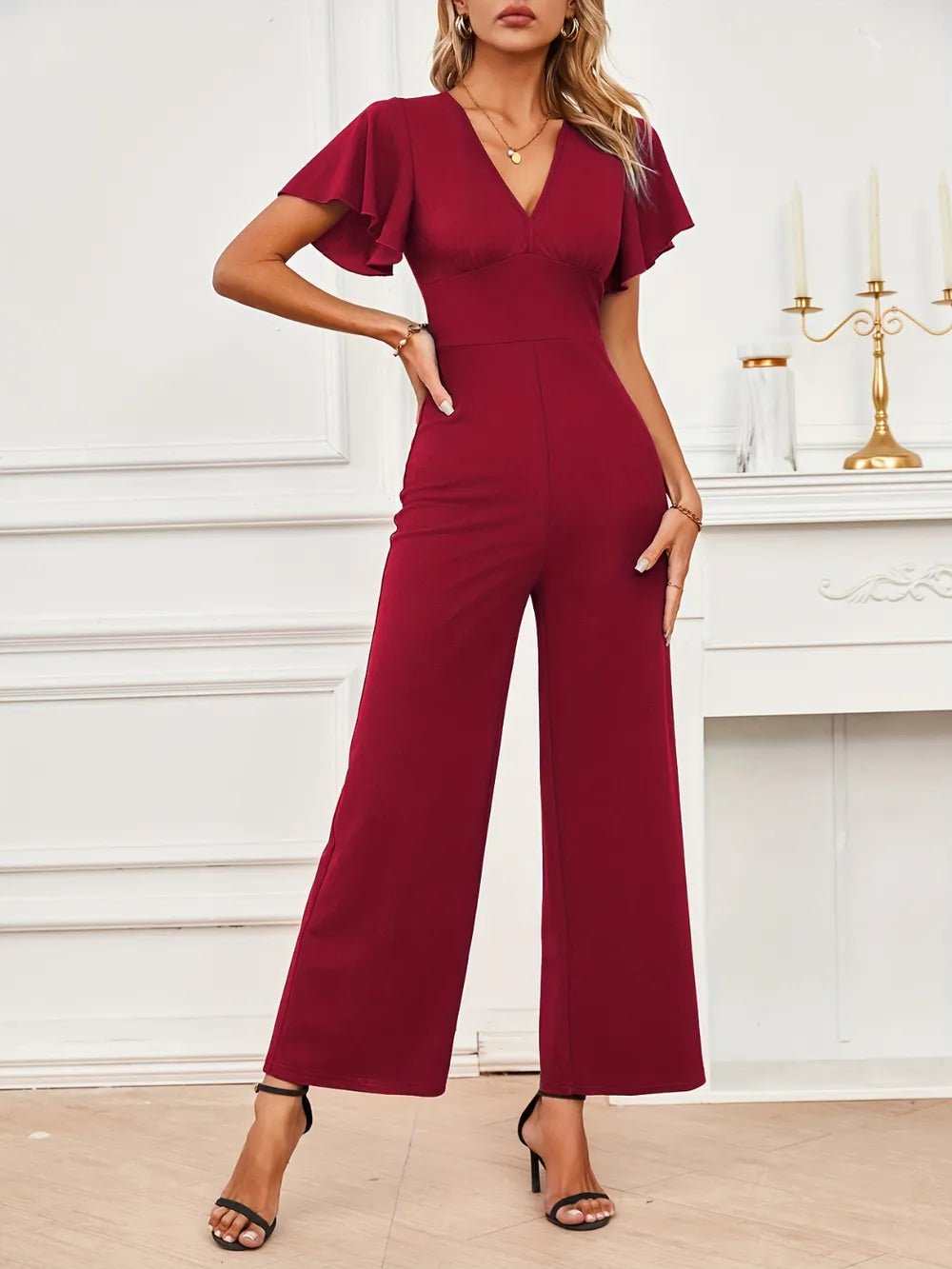 V - Neck Flutter Sleeve Jumpsuit - Flip Flop Dynasty